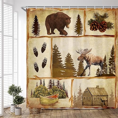 PZMPZM Cortina de ducha de cabaña rústica, retro, para cabaña, oso, alce, ciervo, alce, bosque, granja, caza, campamento, estilo hogar, baño,