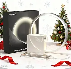 Vivilumens Despertador digital Sunrise, máquina de som de ruído branco, temporizador de auxílio ao sono com porta USB, visor digital regulável, soneca, 10 toques para pessoas com sono pesado, presente