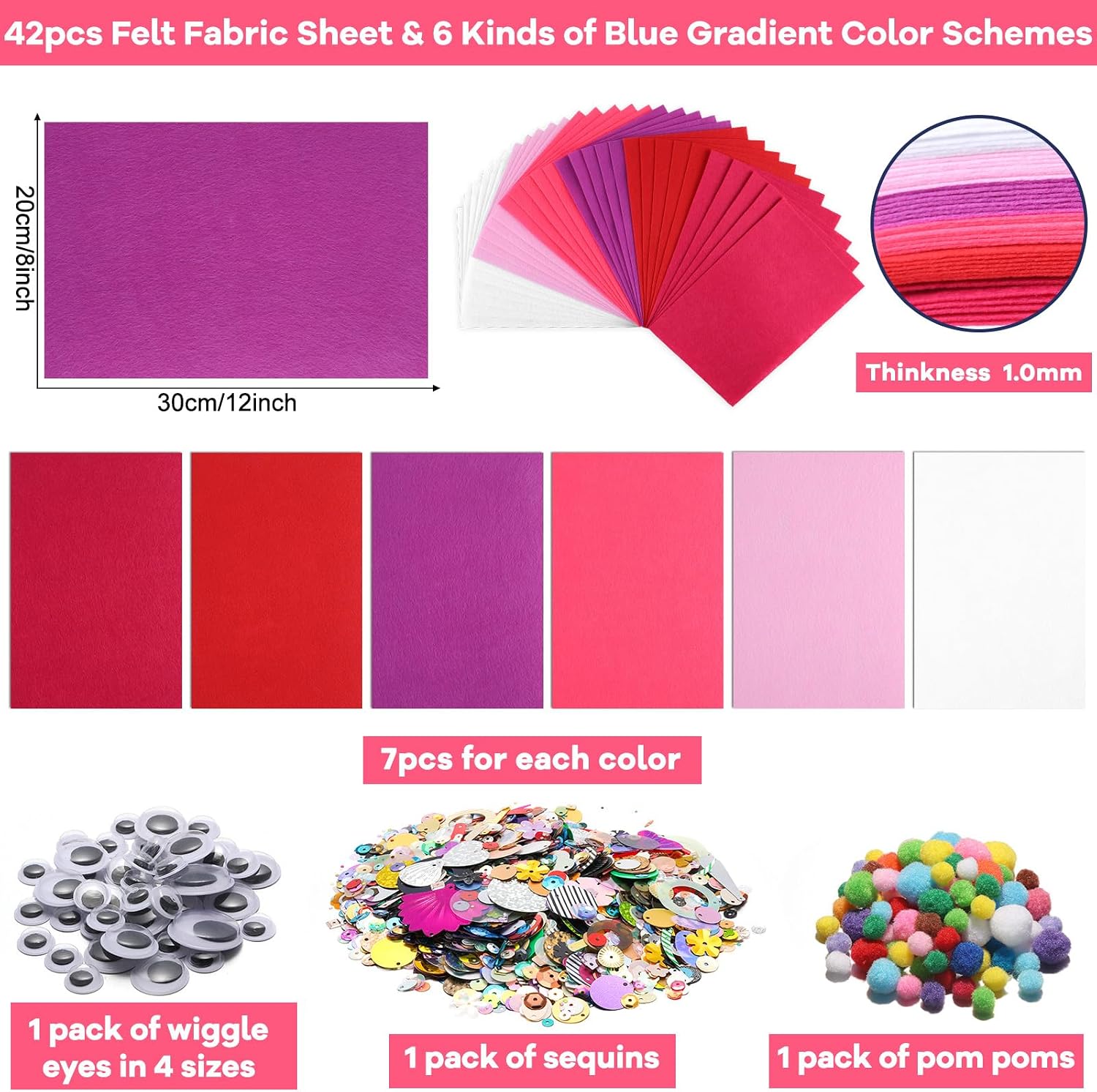 gisgfim 42Pcs Valentine's Day Pink-Purple Felt Fabric Sheet Craft Kit 8 x 12 Inch Assorted Soft Pink Felt Pack with Wiggle Eye Stickers Pom Poms Glitter Craft Supply for DIY Sewing Creative Art Deco image 2
