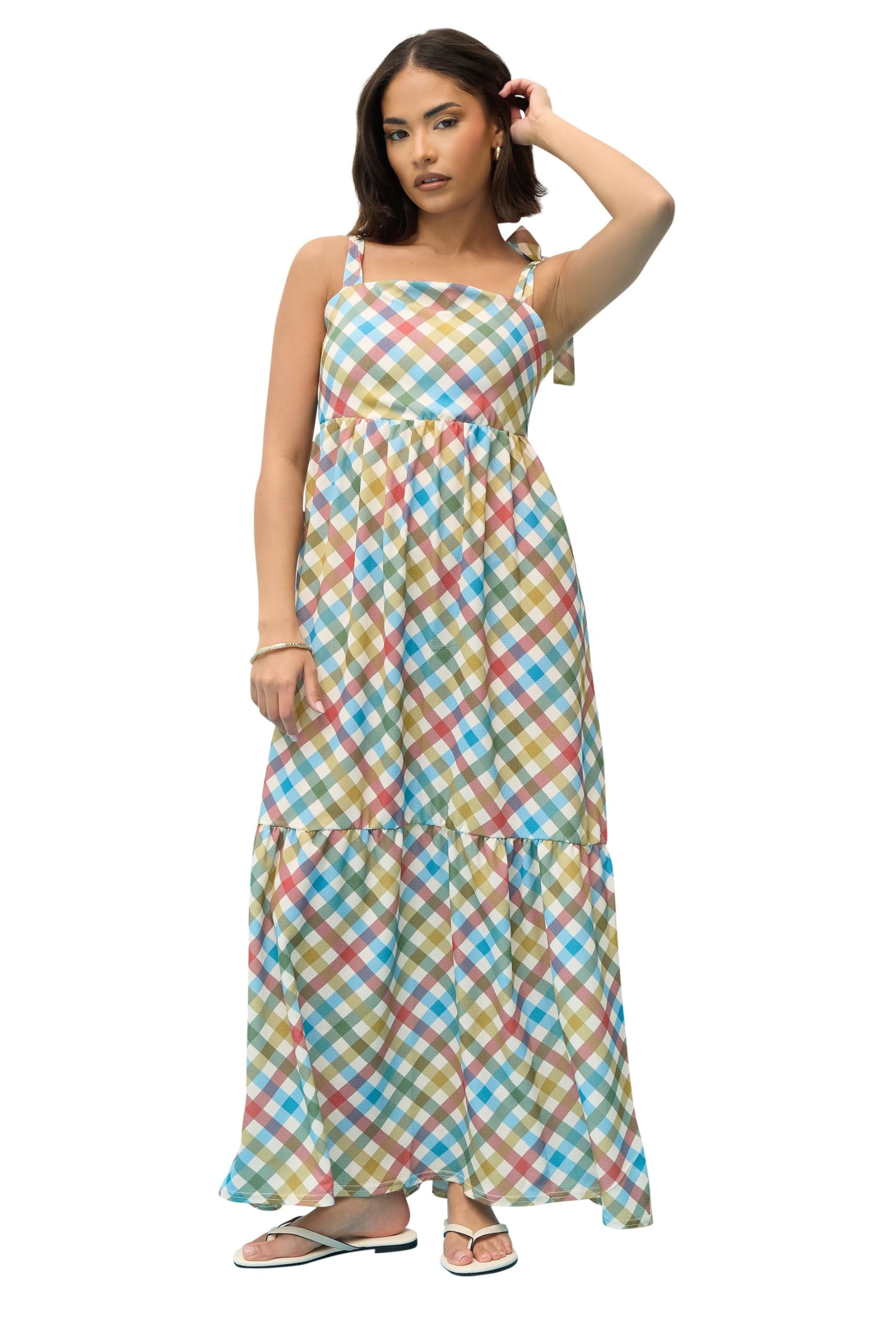 Pixiegirl Women's Red Petite Gingham Tie Shoulder Maxi Dress Petite