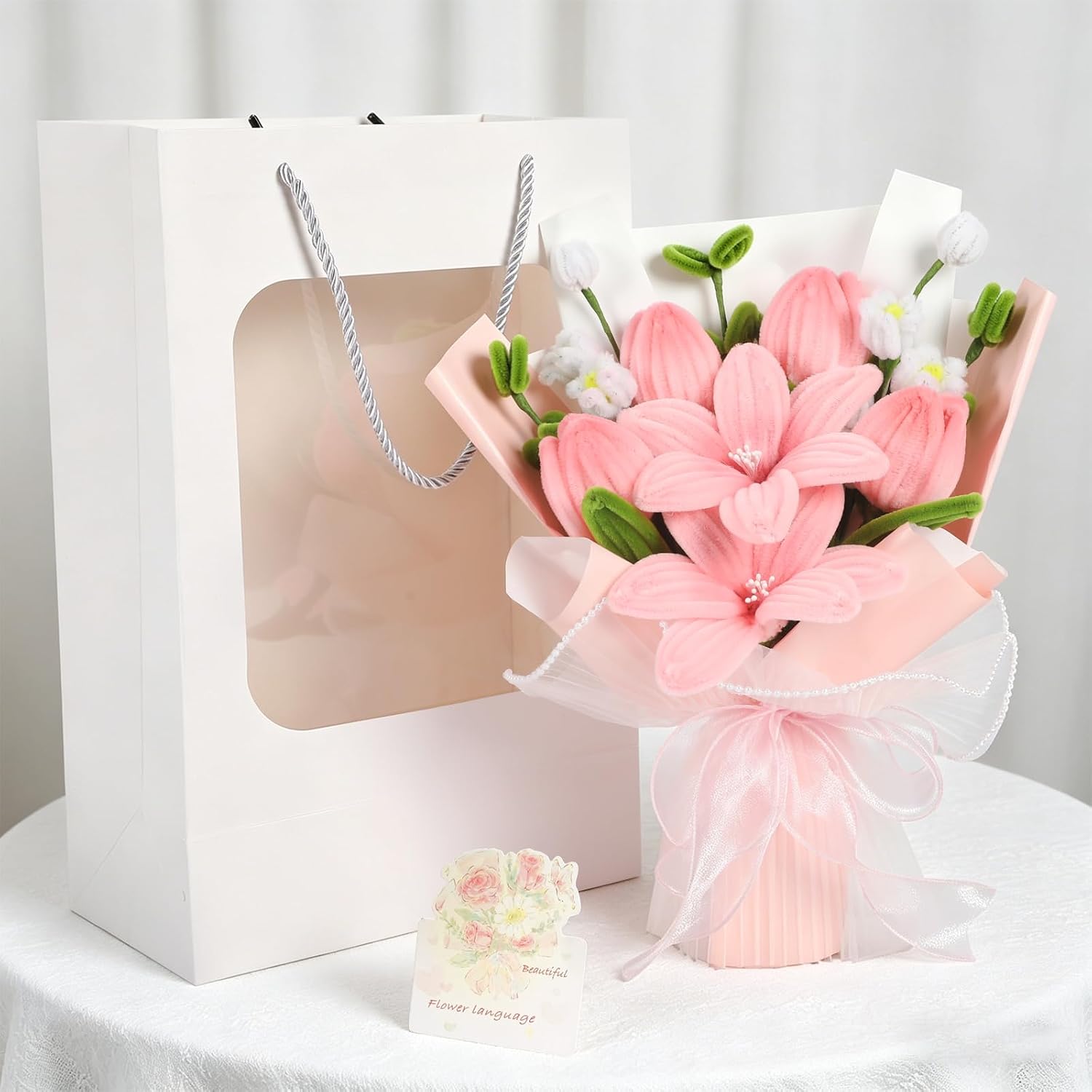 Pipe Cleaner & Crochet Flower Bouquet, Handmade Knitted Pink Tulip Bouquet with Card, Birthday Gifts for Women, Preserved Fake Flowers Gifts for Women Lover Anniversary Mother's Day Graduation