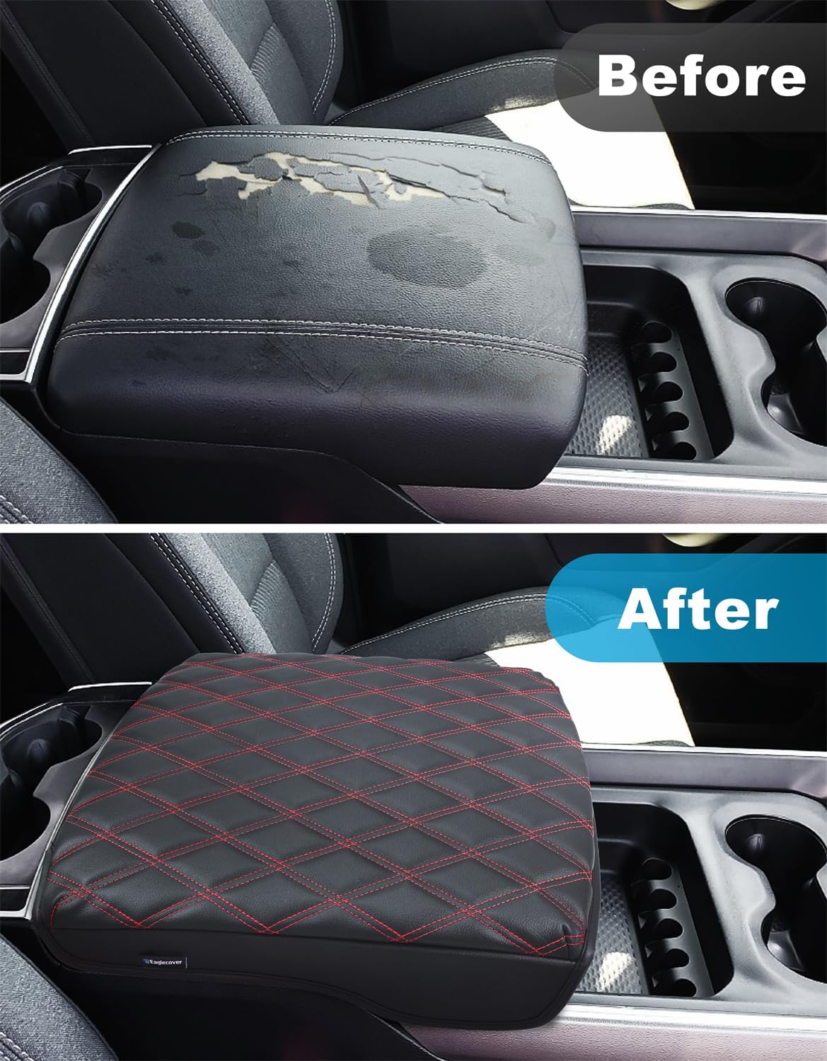 Center Console Cover for Dodge Ram 1500 2019-2026, Bucket Seat, Vinyl Leather Interior Accessories, Car Armrest Cushion Pad, Anti-Scratch, Black-Red Stitch