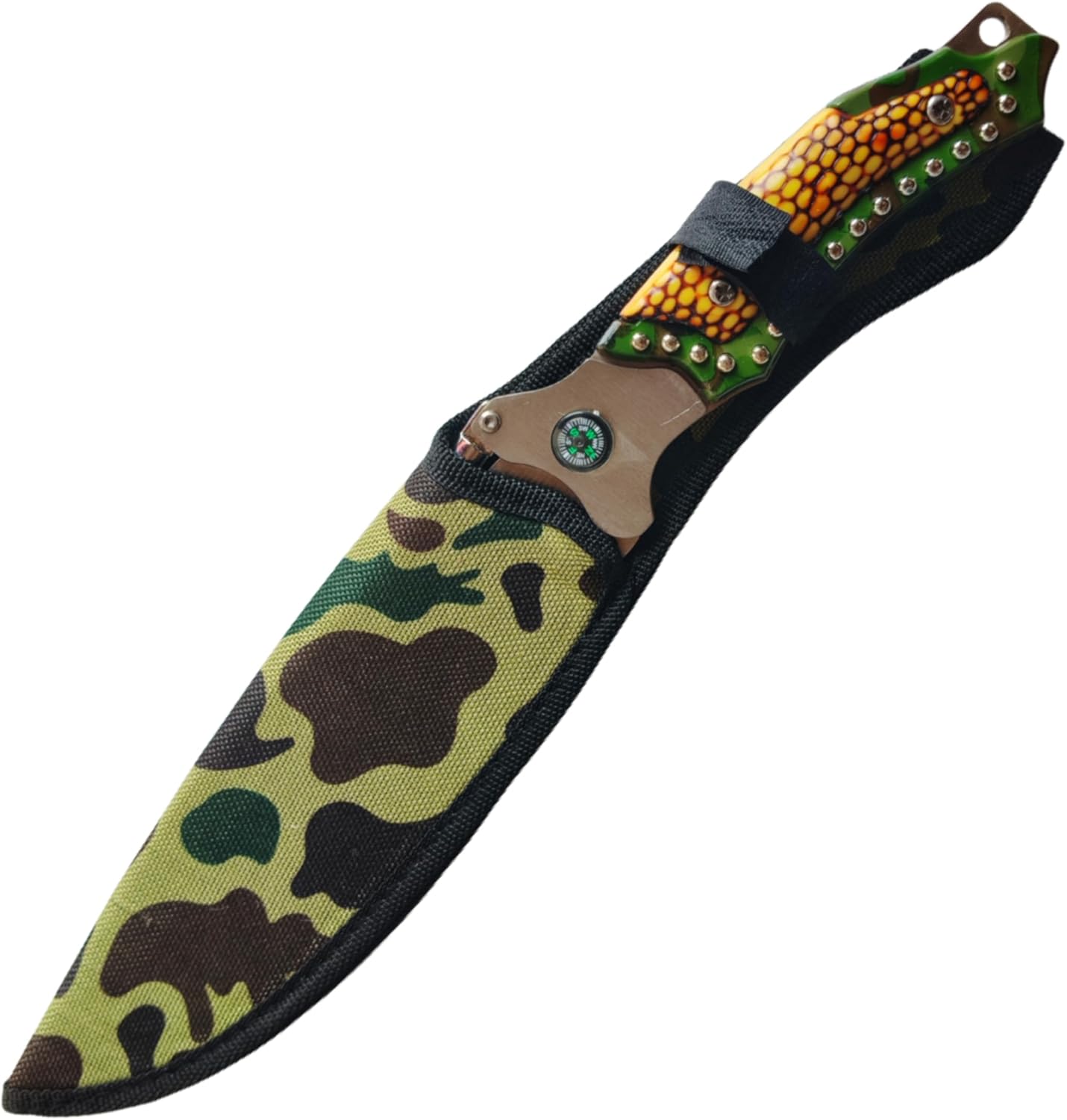 Long Utility Kitchen Knife with Protective Cover, Camouflage Pattern| Portable Travel Essential for Home, Hiking, Camping with Compass