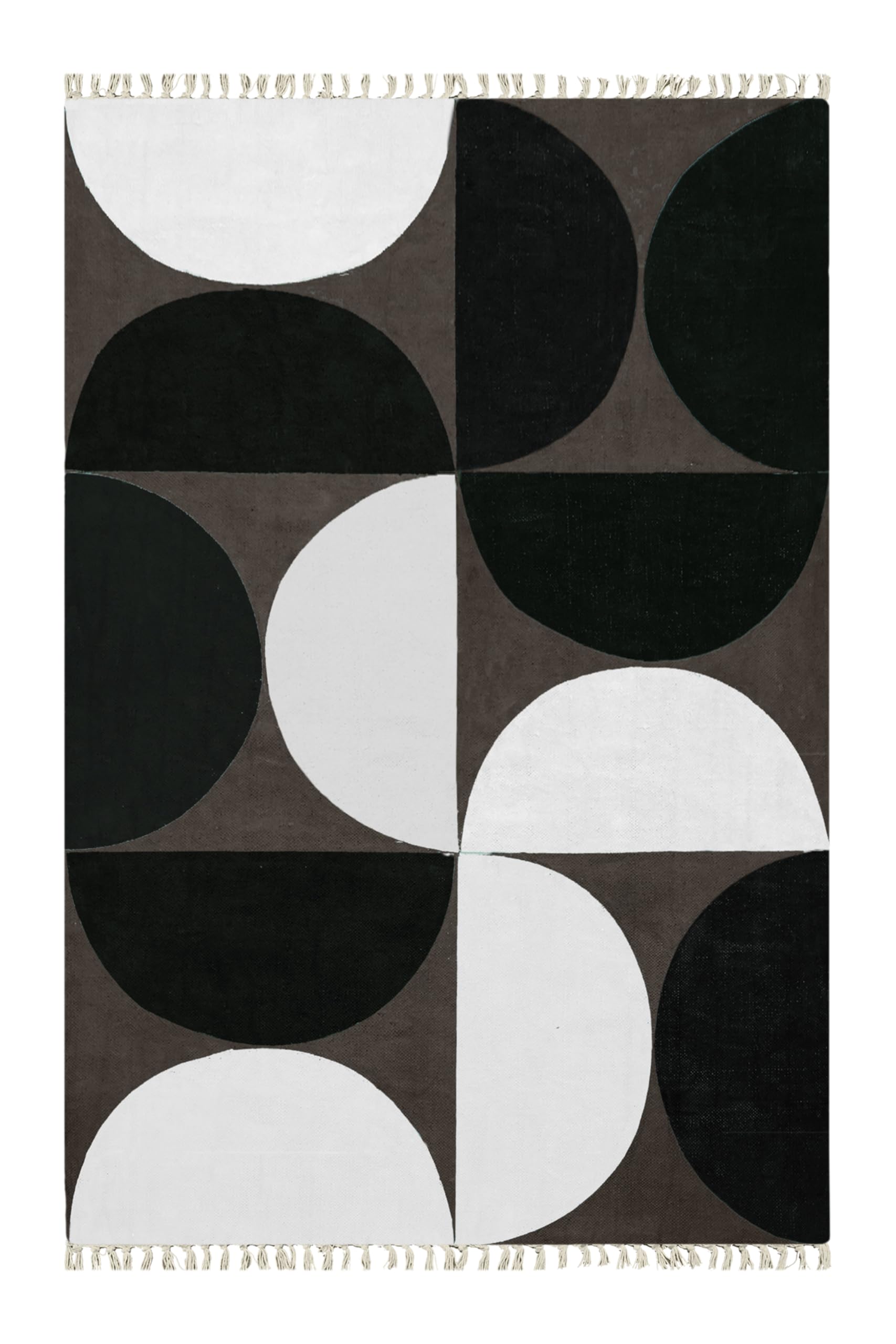 Tapis Kilim coton lavable imprimé main demi-lune noir blanc 19x25cm