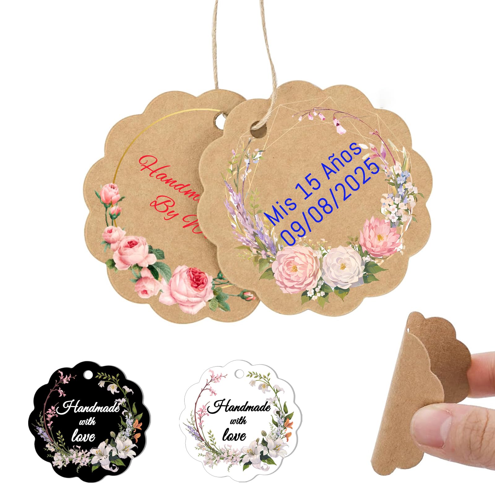 Custom Gift Tag, Personalized Favor Label, Kraft Wrapping Decoration, Wedding Supplies Birthday Party Craft, Thick Paper Hang Card with String (Flower