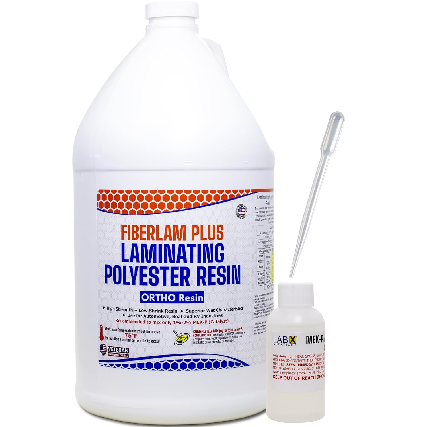 FIBERLAM Plus 1-10G Polyester Resin 1-10 Gallon +MEKP Hardener; Low Viscosity Coating for Laminating Fiberglass mat/Biaxle/Cloth; Boat/RV/Automotive/Canoe/Surfboard| Extended TACK Time (1 Gallon)