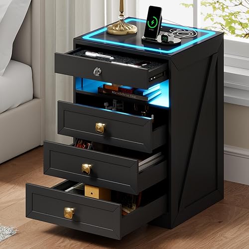 Miniatura 2 de Juego de 2 mesitas de noche con cajón para pistola para sala de estar, moderna mesita de noche con estación de carga inalámbrica para dormitorio 2