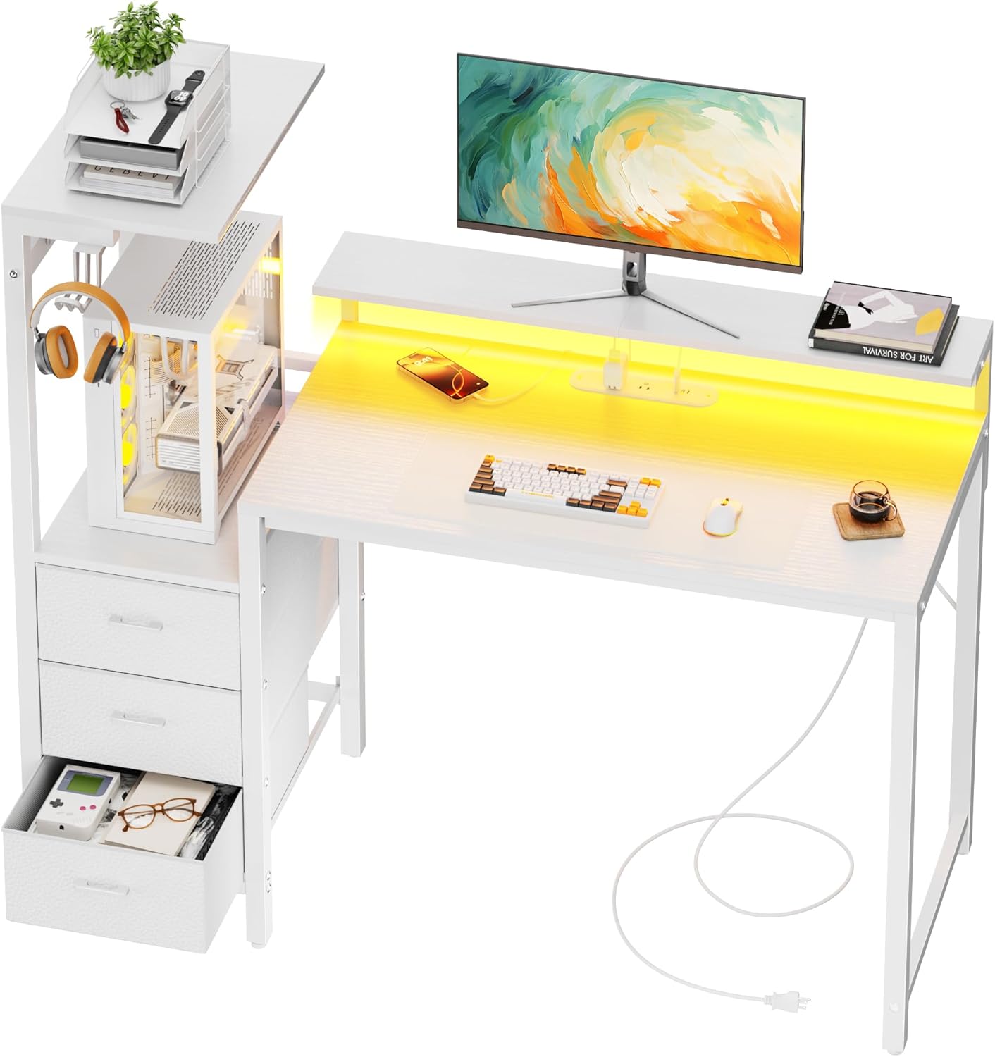 HLDIRECT 44 inch Gaming Desk with 3 Fabric Drawers & Side Hooks-Reversible Home Office Computer Desk with Power Outlets & Led Lights, Gamer Desk Table with Monitor Stand, Carbon Fiber, White