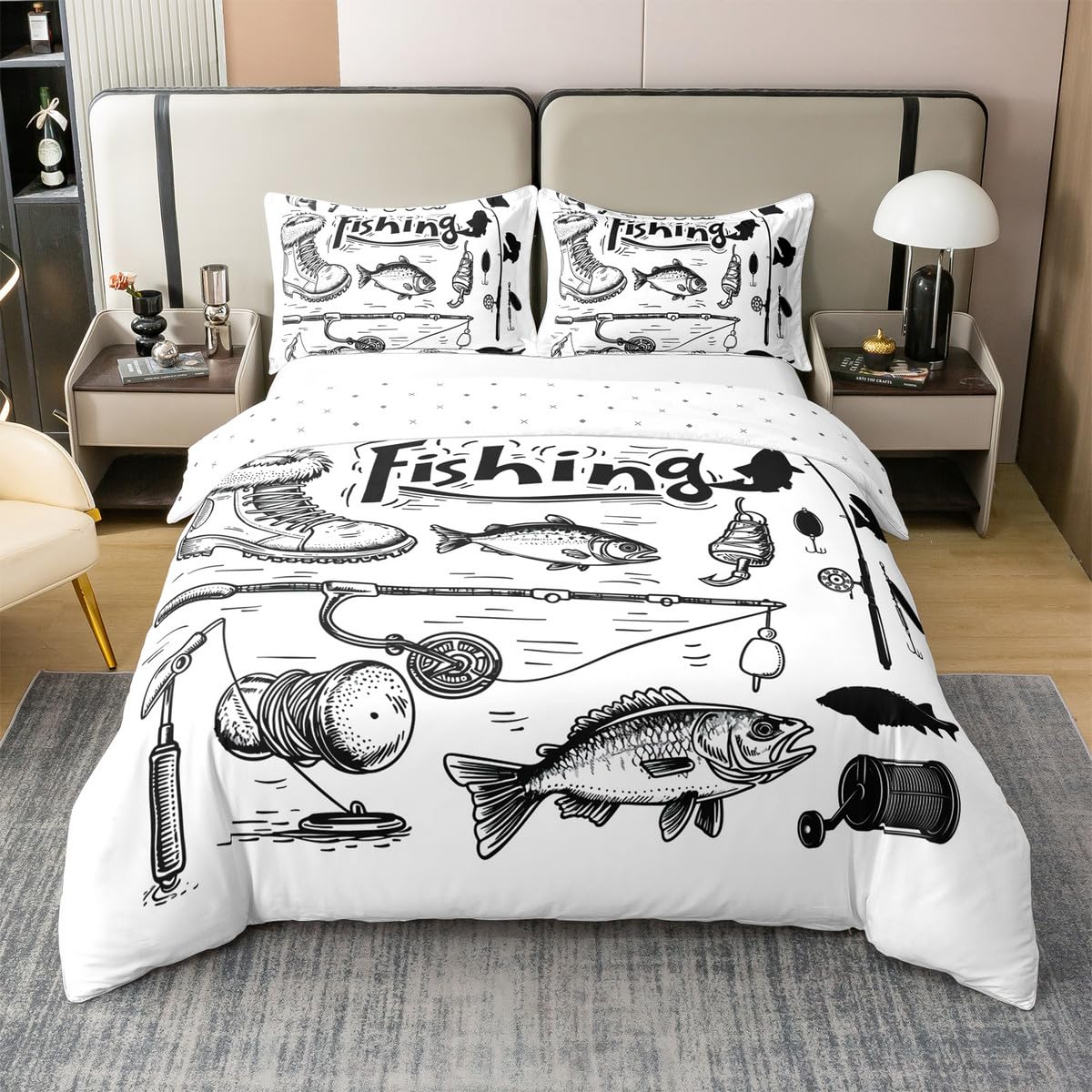 Housse de couette 200x200 enfant pêche en coton doux blanc et noir