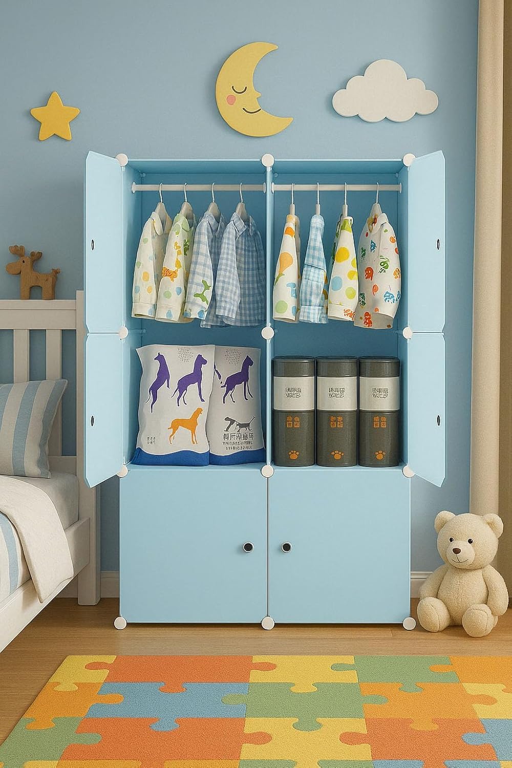Sunderlook Plastic Wardrobe for Kids Clothes – Professional Collapsible Wardrobe, Easy to Use Foldable Almirah, Plastic Cupboard for Kids for Home (Blue-Z3, 6 Door)