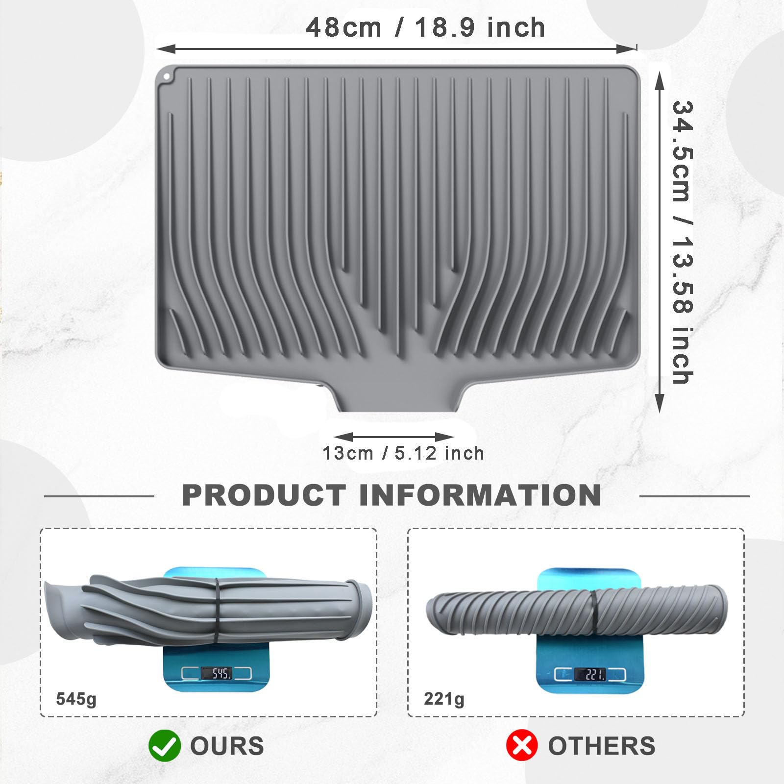 Large 18.9"x13.58" Silicone Dish Drying Mat Draining Board Mats Sink Drainer Mat Drying Coaster Collapsible Non-Slip No-Spill 446°F Heat Resistant for Kitchen Counter Countertops Worktop Saver (Gray) - Image 2