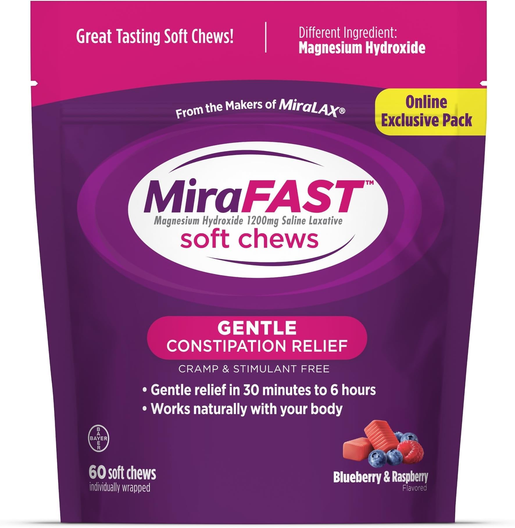 MiraFAST Soft Chews, from the Makers of MiraLAX, Gentle Constipation Relief, Fast Acting, Stimulant Free Saline Laxatives, Magnesium Hydroxide, Blueberry & Raspberry Flavor, 60ct — Amazon image 9