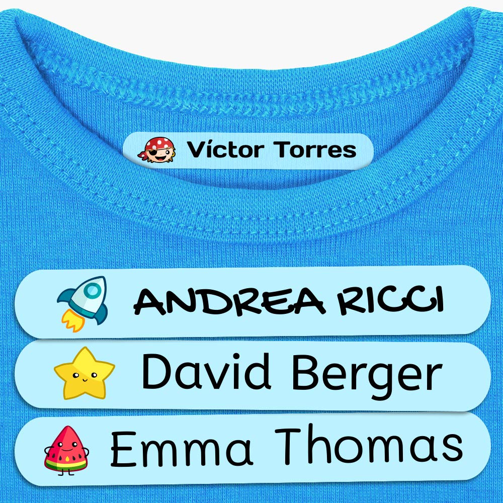 Haberdashery Online 50 Etiquetas Adhesivas para Ropa Personalizadas. Pegatinas termoadhesivas con Nombre para marcar la Ropa de niños y bebés (con Plancha). Tamaño 6 x 1 cm. Resistentes a Lavadora.