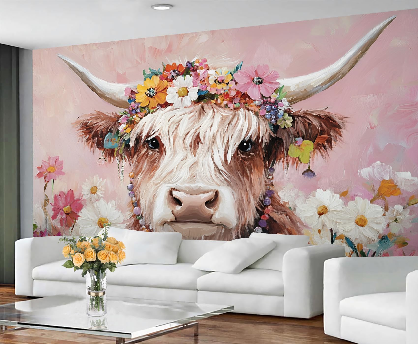GIVLWF Wallpaper - Highland Cattle Home Decor & Mural, Floral Girl Bedroom Wallpaper, Rustic Farmhouse Animals Wall Paper for Living Room, Large Wall Mural (Not Self-Adhesive)