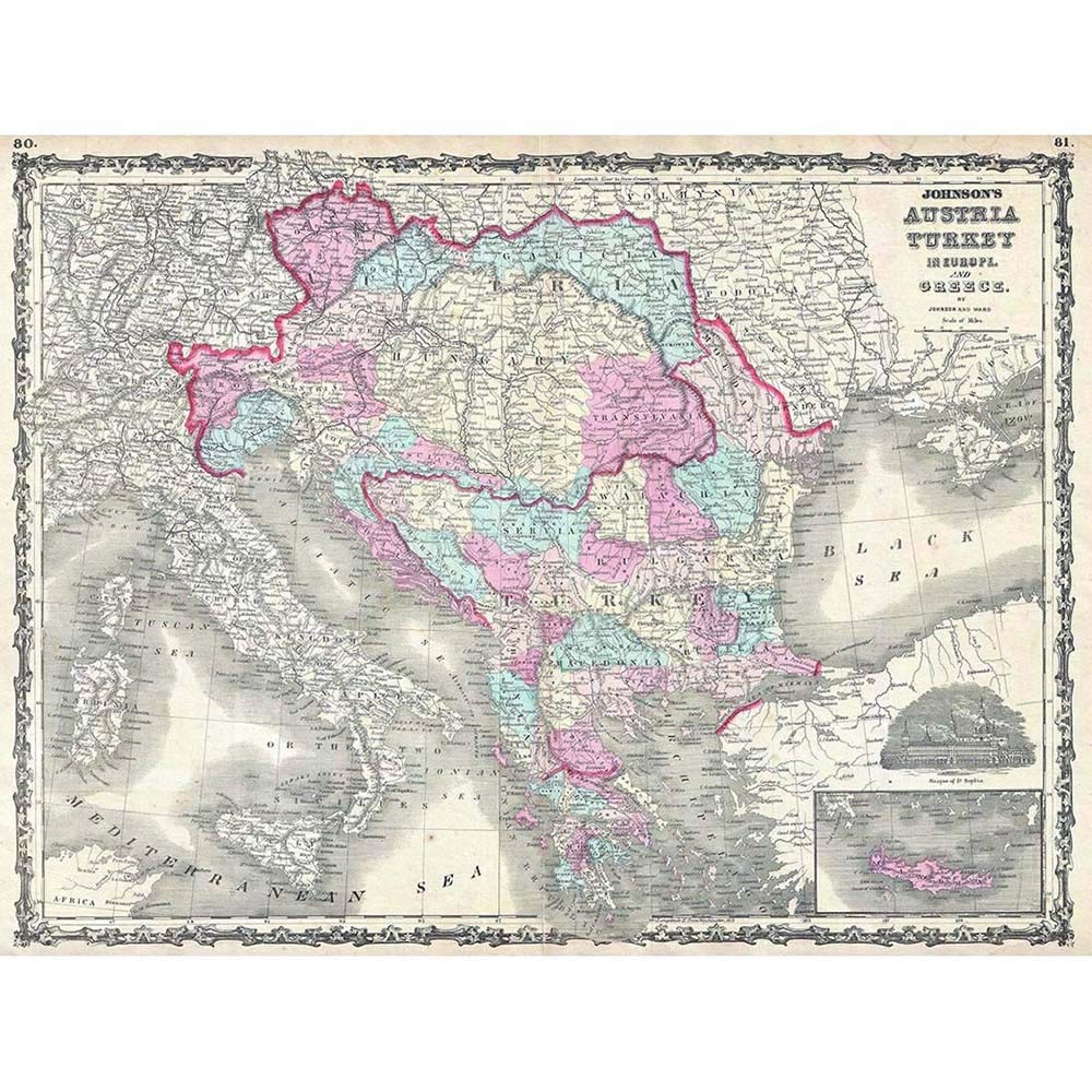Wee Blue Coo 1863 Johnson Map Austria Hungary Turkey Italy And Greece Art Print Poster Wall Decor 12X16 Inch