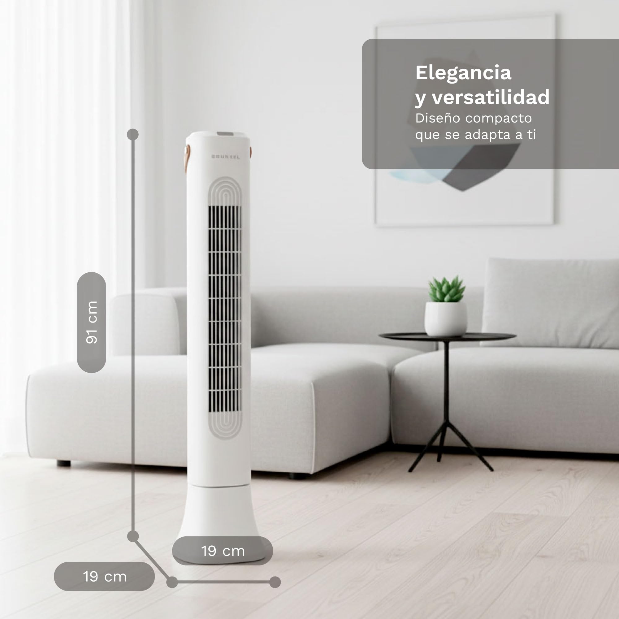 Grunkel Torre de Ventilación de 50W TF-DSG | 4 Velocidades | 3 Modos Normal/Natural/Sueño | Oscilación Electrónica | Temporizador 1-7h | Mando a Distancia | 93 cm (Blanco)