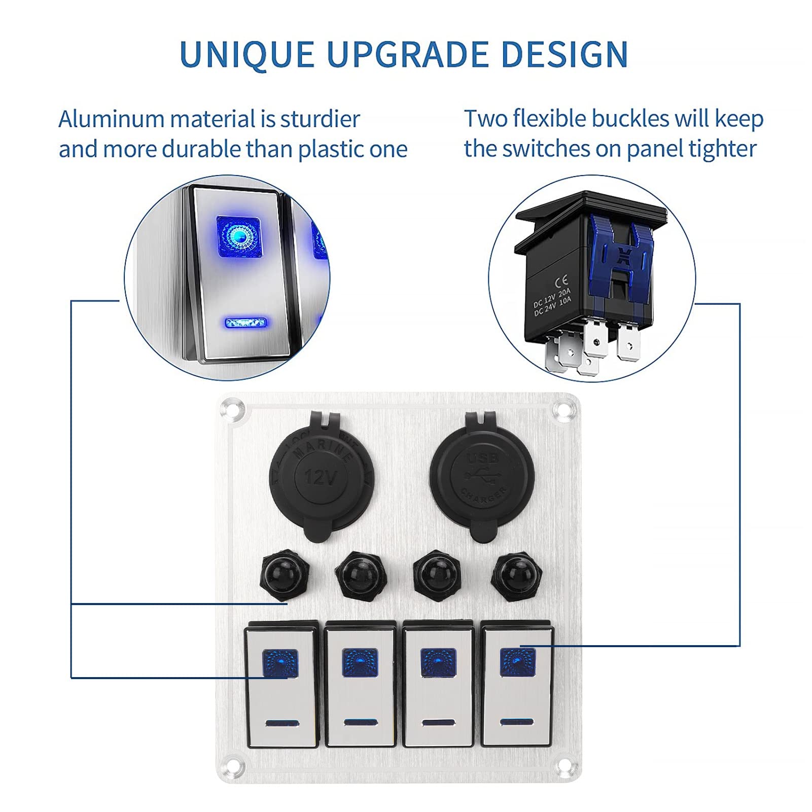 Pannello Interruttori a Bilanciere Pannello Interruttori Marini a Levetta per Barche 4 Gang 12V 24V Precablato Doppia Luce Blu Caricatore USB Voltmetro