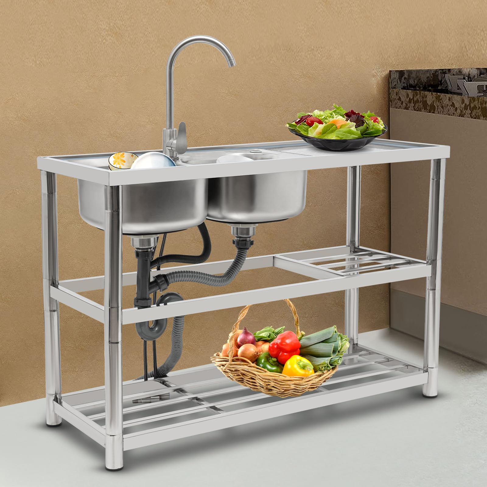 Küchenspüle Doppelbecken Edelstahl Spüle Freistehende Spüle 2 Becken(Links), 120x45x80cm, 100kg Tragfähigkeit, 360° drehbarer Wasserhahn, für Haushalt, Restaurant und Hotel, Silber