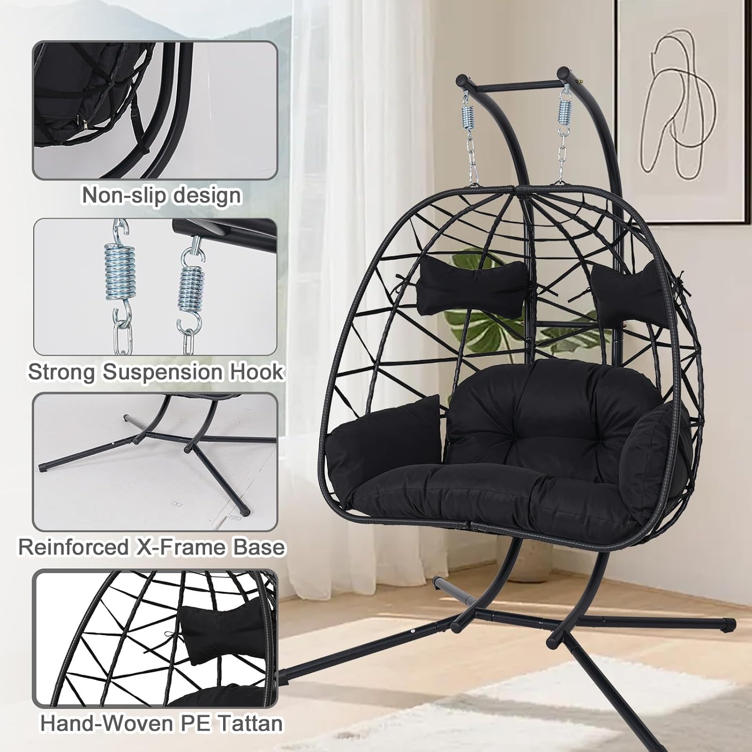 Double Egg-Shaped Hammock Chair with Stand Swing Egg Chair, Wicker Hanging Chair with Washable Cushion Sturdy Metal Stand, 600lbs Capacity for Indoor Outdoor Patio Living Room Etc(Black+Black)