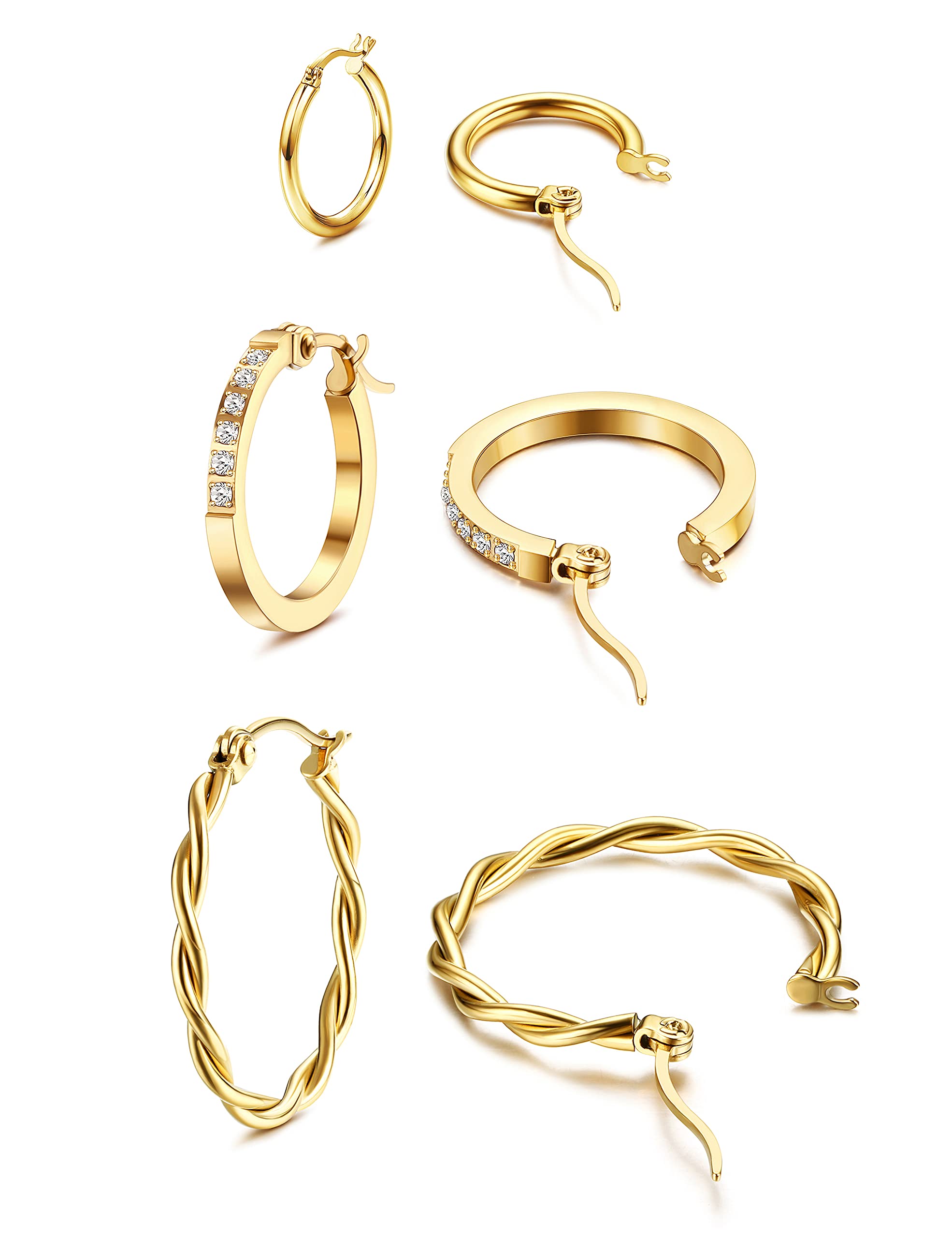 LOLIAS 3 Pares Pequeños Pendientes Aro para Mujeres Niñas Acero Inoxidable Aretes Cartílago Trenzados Oro 14K Pendientes de Aro Hipoalergénicos Circonita Cúbica Pendientes de Aro para Hombres