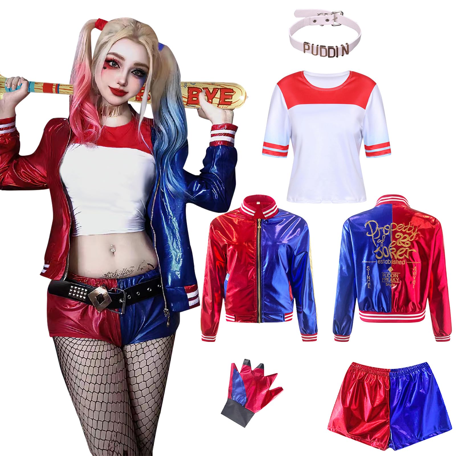 Quinn Suicide Squad Bösewicht Kostüm Für Erwachsene – Jacke, T-Shirt, Shorts, Handschuh, Größe 2XL