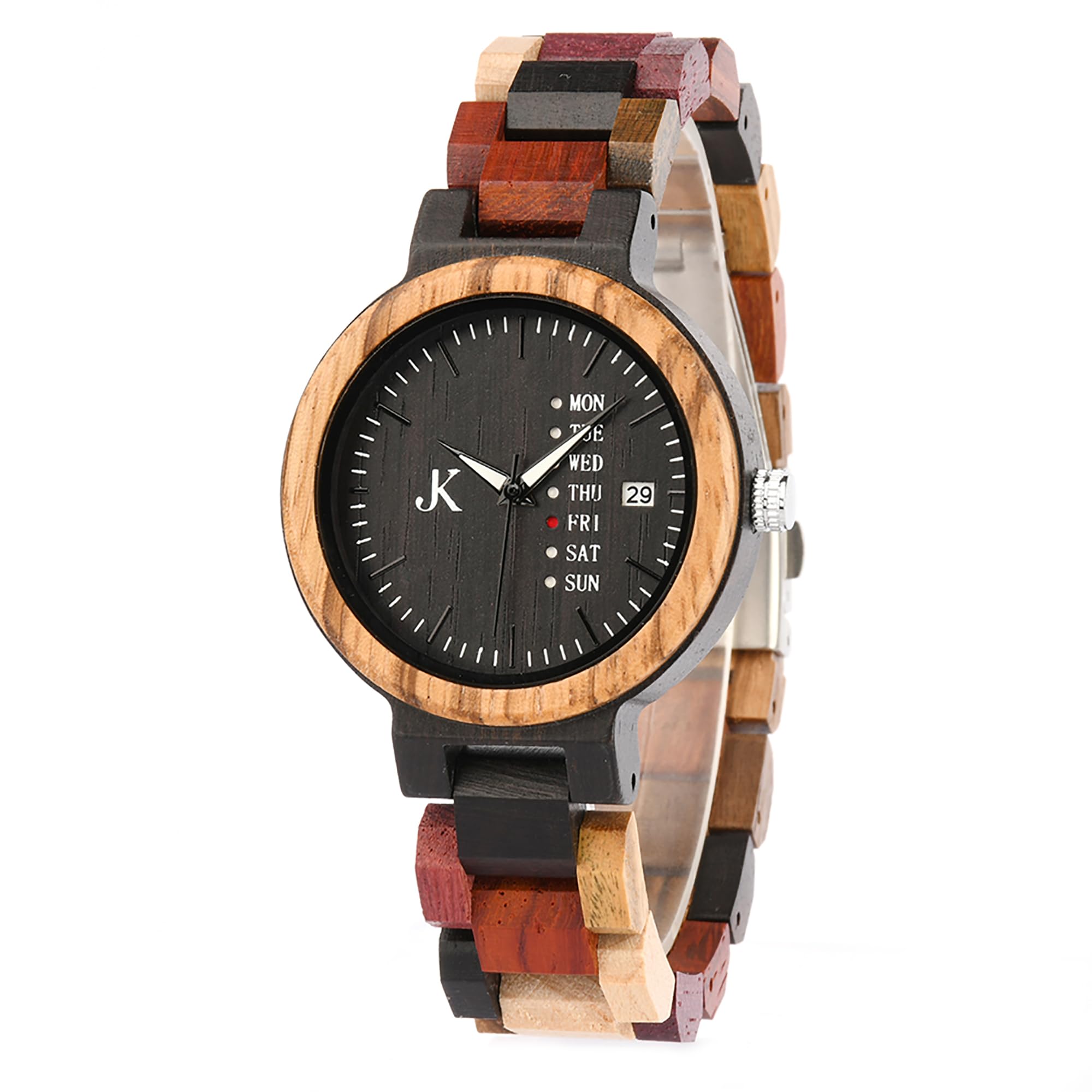 KIM JOHANSON® Holz-Edelstahl Armbanduhr *Week* für Damen und Herren | Mit Datum- & Tagesanzeige | Handgefertigt | Quarz | Analog Uhr | Vegan | Geschenk | Silber | Verstellbares Armband | Inkl Uhrenbox