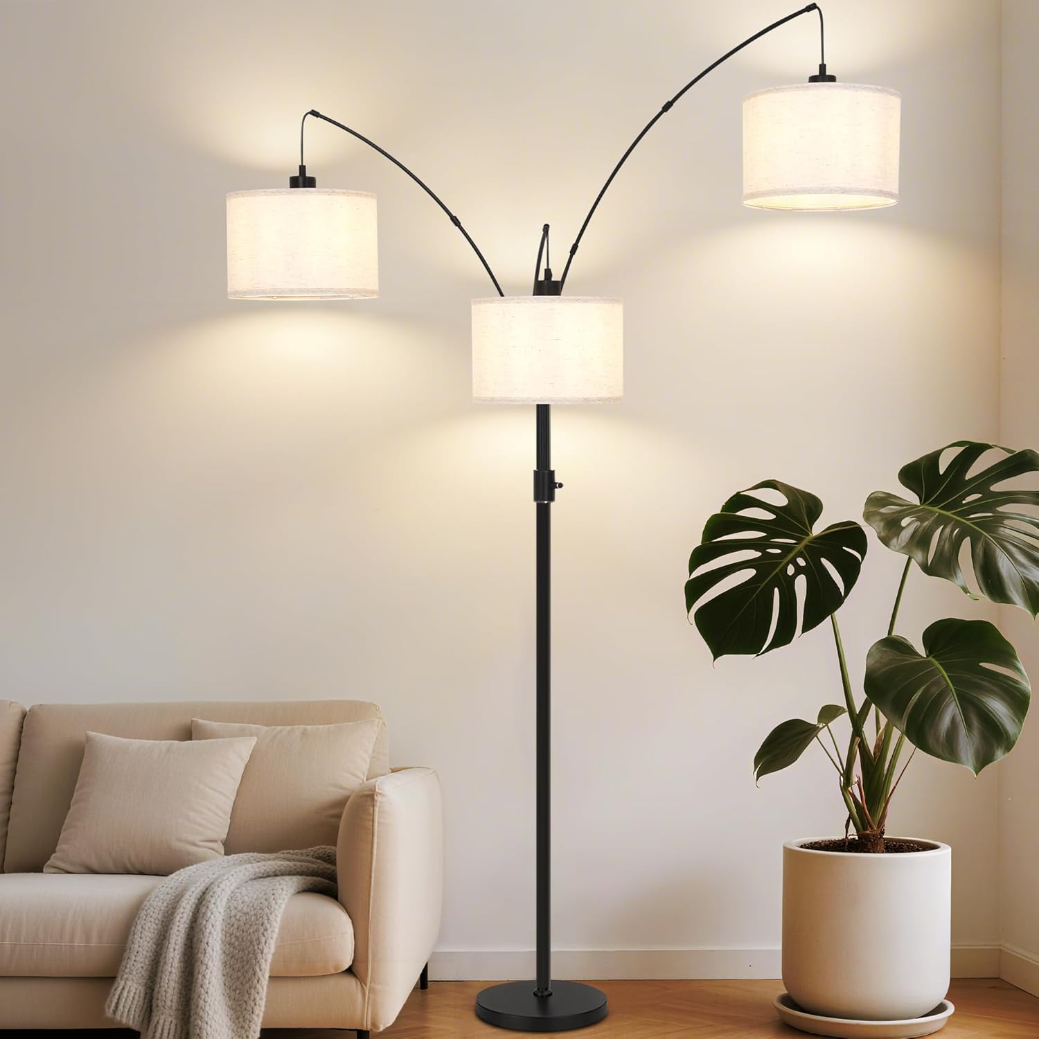 Dimmable Arc Floor Lamp-3 Lights Floor Lamps for Living Room,Modern Tall Standing Lamp with Beige Drum Shades&Heavy Base,Mid Century Tree Floor Lamp for Bedroom Corner Office,Bulbs Included