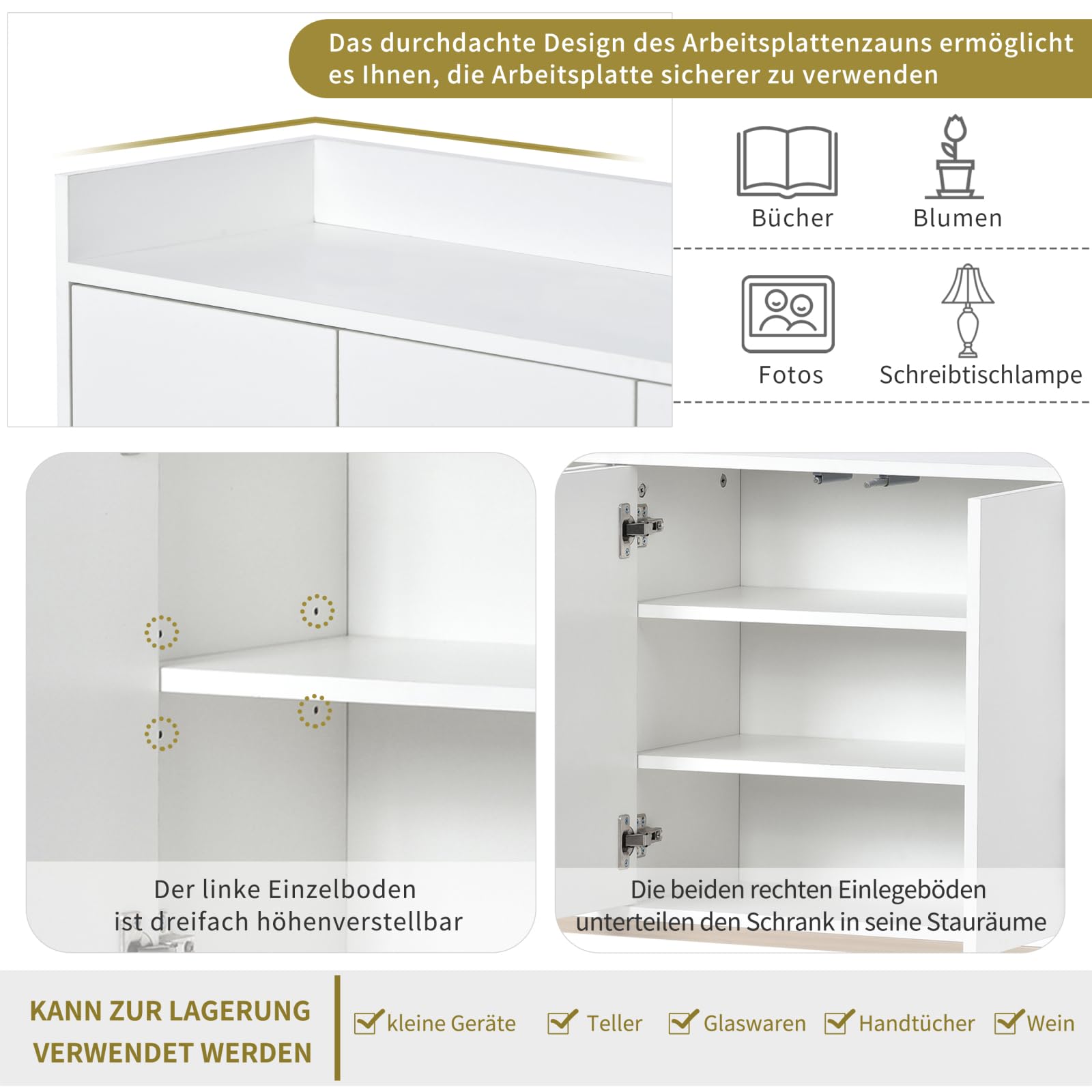 Aufbewahrungsschrank mit Tür, Schrank mit Regal, Buffet, Esszimmer, Wohnzimmer, mit 4 Türen und höhenverstellbarem Regal, für Wohnzimmer, Schlafzimmer, Flur (weiß)