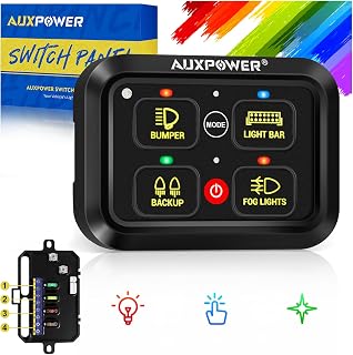 Auxpower A24 RGB 4-Gang Switch Panel: IP65 Waterproof, Auto Dimmable Backlit, Relays Included, 12-24V for Trucks UTVs Marine Off-Road