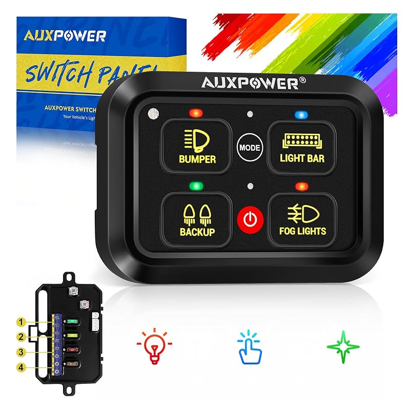 Painel de interruptores RGB Auxpower A24 com 4 teclas, 3 modos e intensidade ajustável – 1 unidade