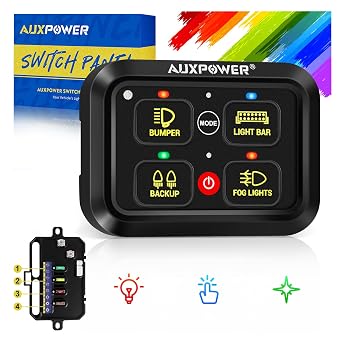 Auxpower RGB 4 Gang Switch Panel A24 Auxiliary Switch Panel 3 Lighting Modes Auto Dimmable Backlit Switch Panel 12V Waterproof Off Road Control Panel for Truck UTV Car,