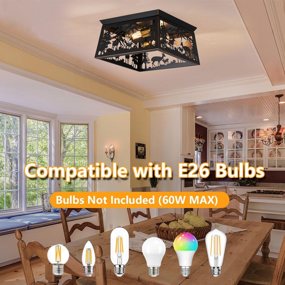 Black Semi Flush Mount Ceiling Light Fixture, Rustic Cabin Deer Ceiling Light Fixture, Metal Country Farmhouse Ceiling Lamp for Hallway Porch Bedroom Foyer Entryway, E26 Bulbs.12.5 Inches