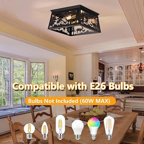 Miniatura 4 de Lámpara de techo semiempotrada negra, lámpara de techo rústica de ciervos de cabaña, lámpara de techo de granja de metal para pasillo, porche,