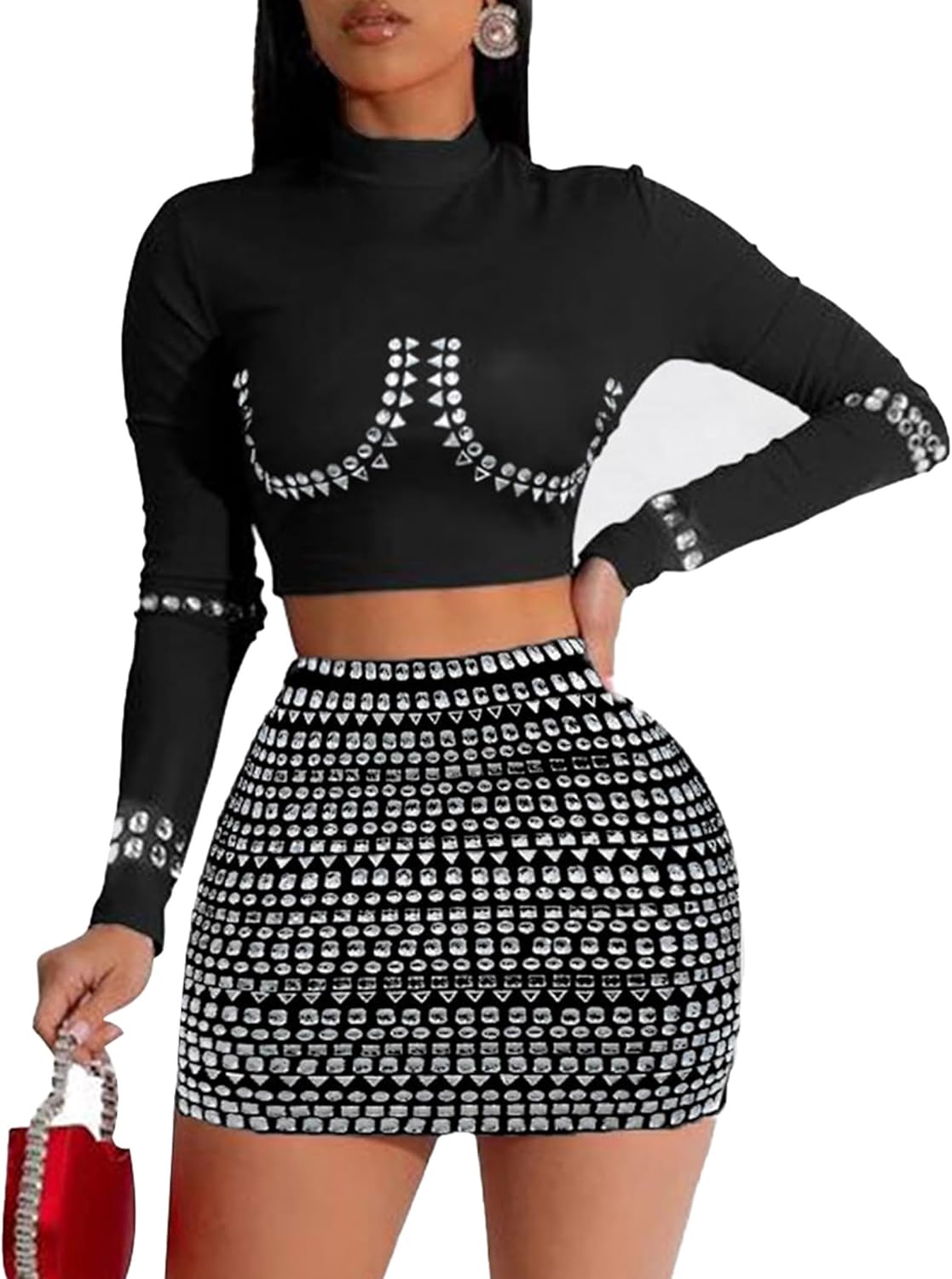 chicyes Womens 2 Piece Outfits Sexy Long Sleeve Top Rhinestone Sparkly Vacation Concert Fall Outfits Spring Mini Skirt Set