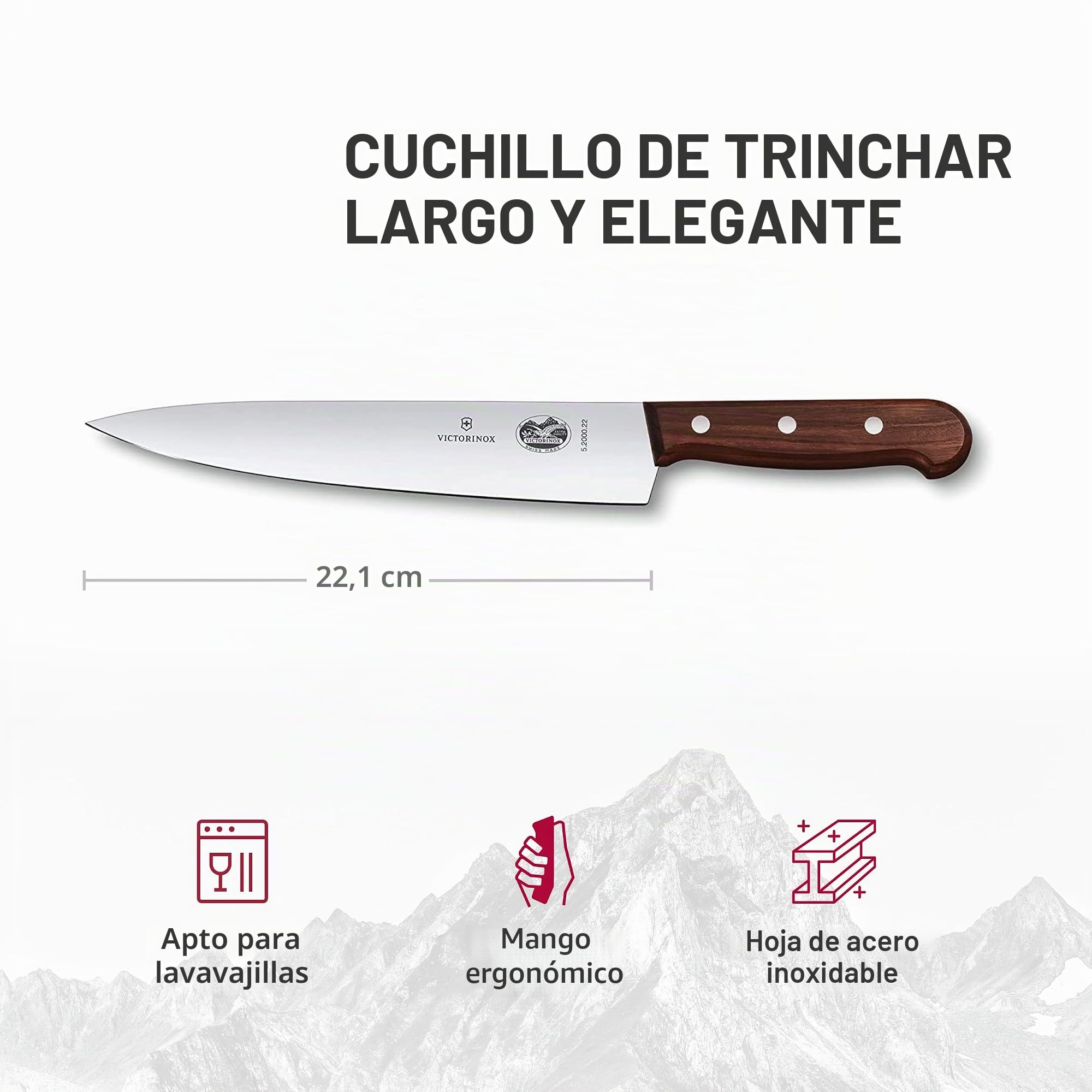 Victorinox Wood, cuchillo profesional para trinchar, hoja extra afilada, afilado recto, 22 cm, elegante mango de madera, acero inoxidable, marrón