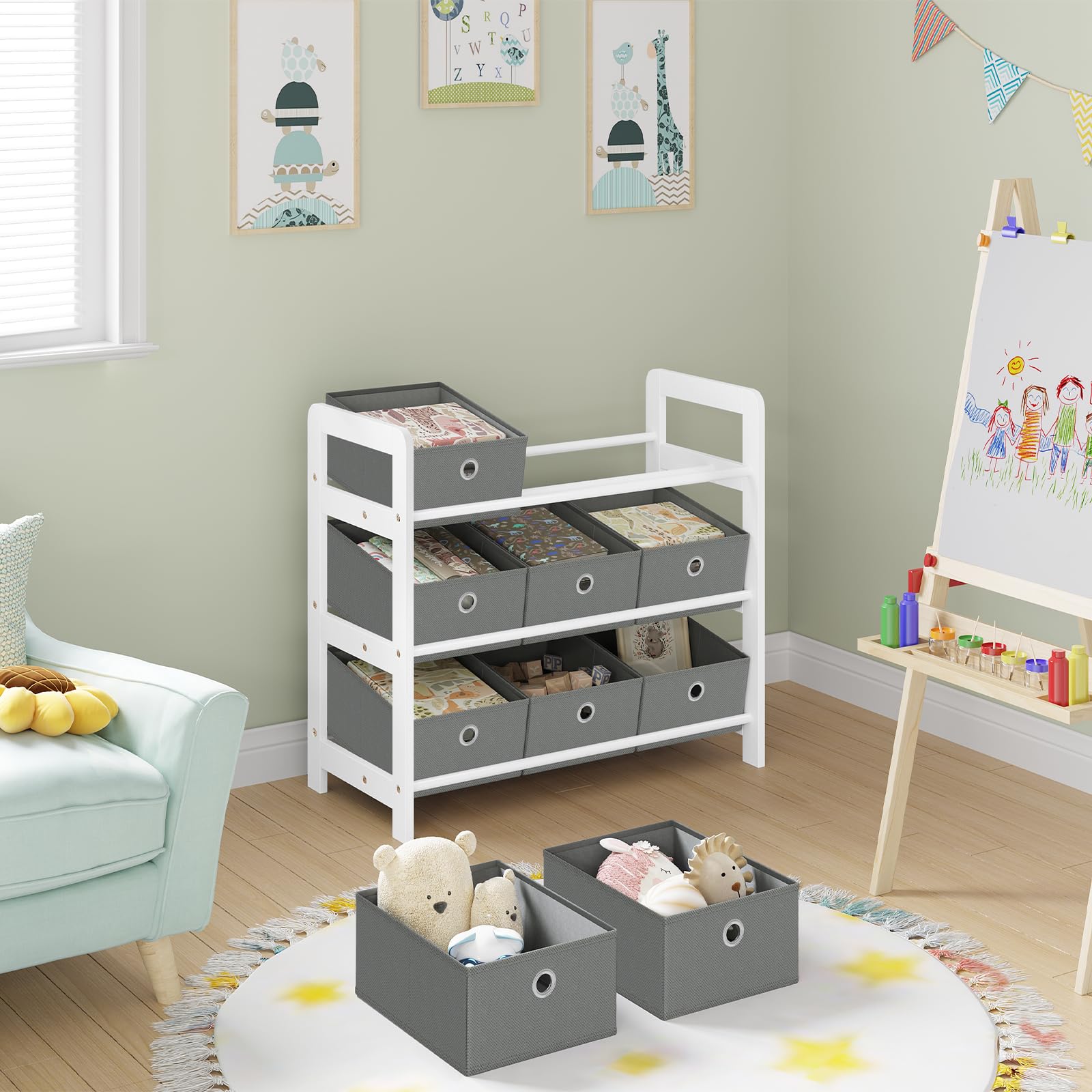 Lestarain Contenitore per Giocattoli con 9 Scatole Rimovibili, Scaffale per Bambini Organizzatore di Giocattoli, Libreria Montessoriana, Bianco+Grigio