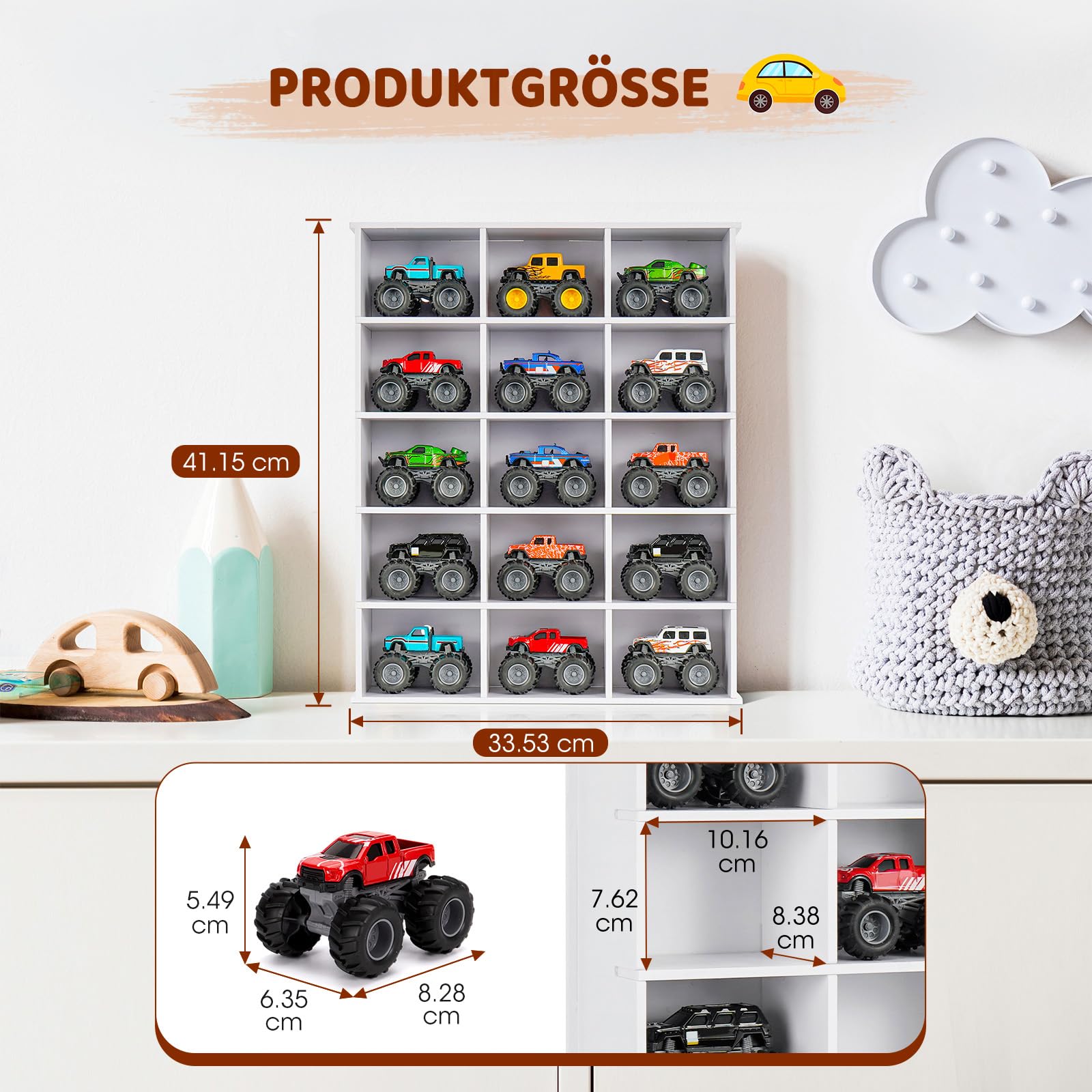 Krafetto Monster Truck Schaukasten mit 15 Fächern, Spielzeugauto Aufbewahrung und Display-Regal für Monster Trucks und Modellautos, Wandregal/Standregal fürs Kinderzimmer, Weiß 2 Stück