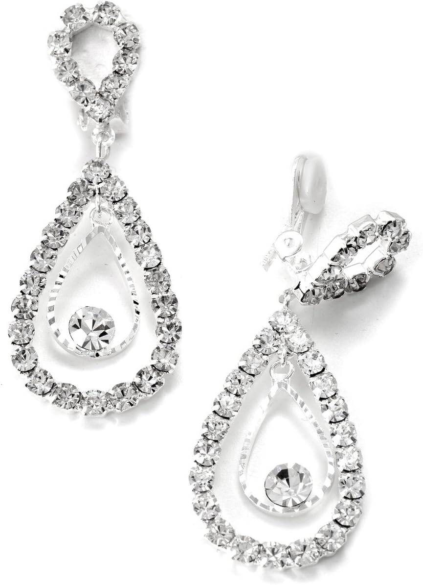 Silver Crystal 2 Layer Teardrop Pear Shape Dangle Clip Earrings Tipped with Upside Down Teardrop Shape