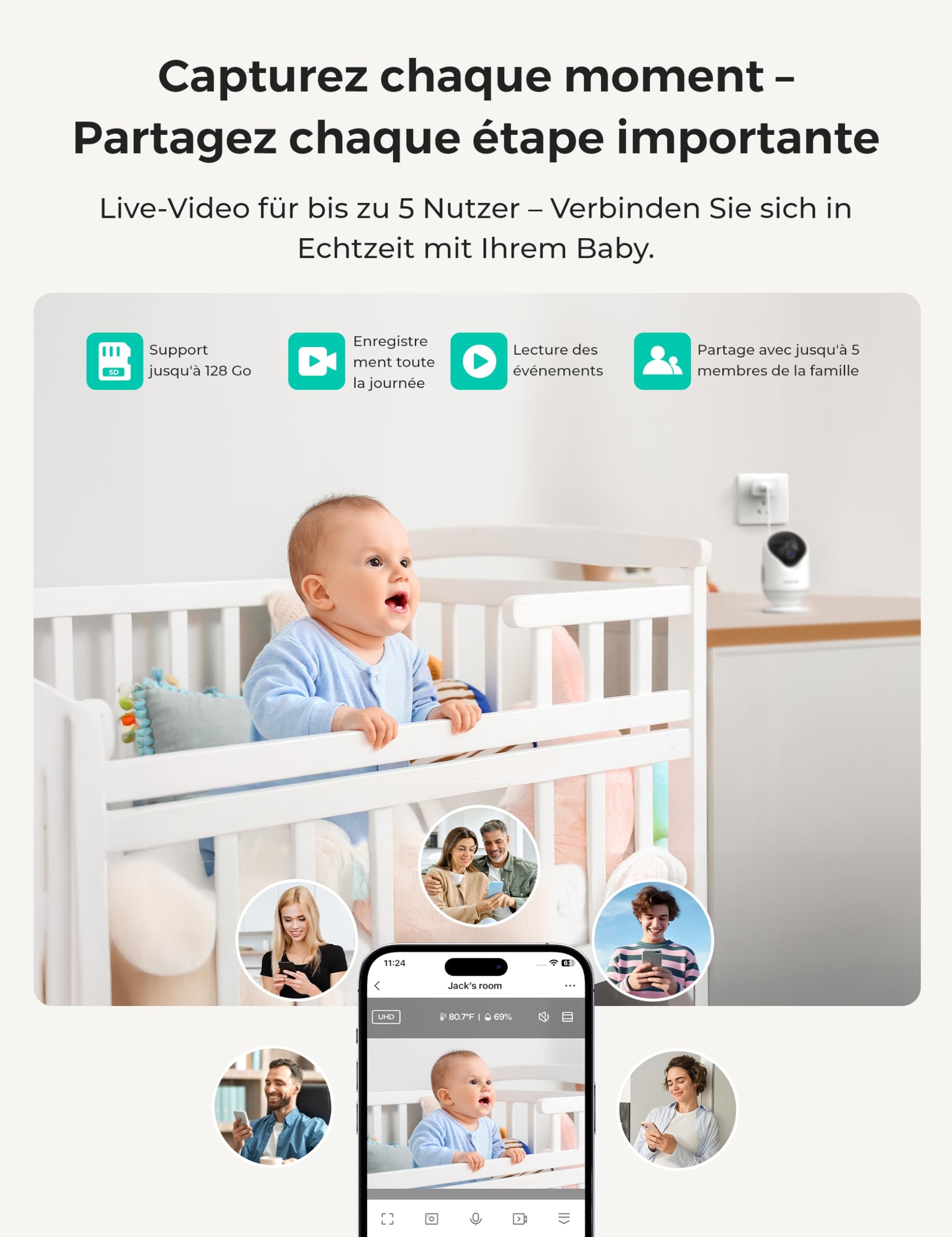 Dr.Care VistaView Lite Smart WiFi Baby Monitor et 2 Caméras, écran 4” 720P, Caméra 1080P, Appli, Aertes Mouvement, Vision Nocturne, Batterie 3000mAh, Audio Bidirectionnel, Portée 390m.