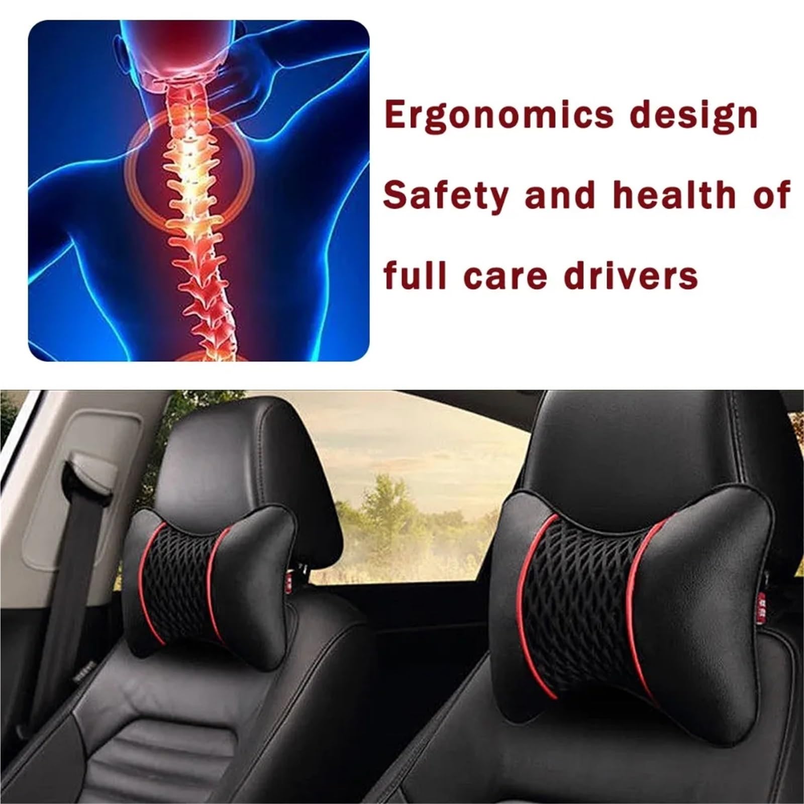 Lumbar Supports Cushion 2 almohadas de punto de cuero PU para reposacabezas de coche, cojín para reposacabezas,accesorios para el asiento del automóvil(Black)