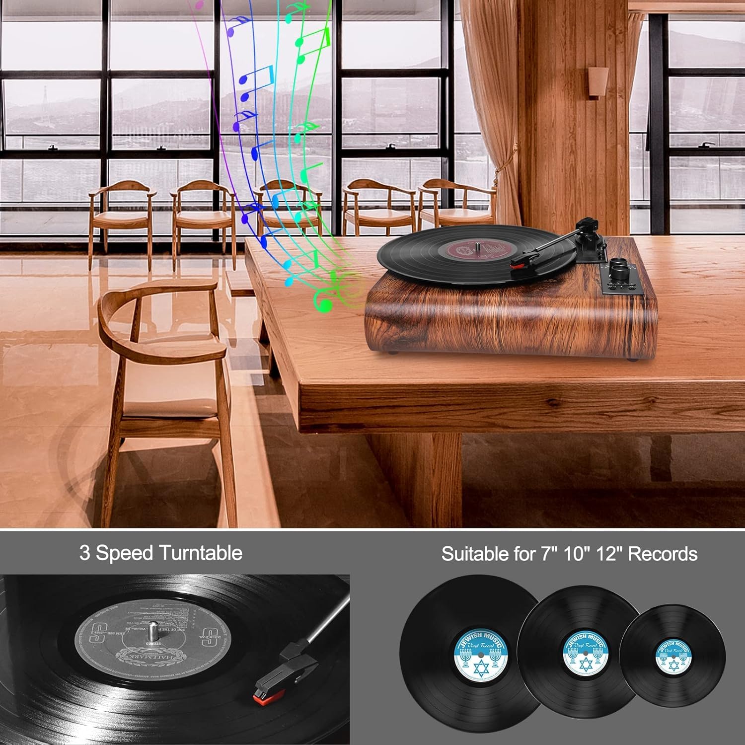 Platine Vinyle, Lecteur de Disques avec Haut-parleurs Intégrés et Bluetooth, Style Vintage, Lecteur de Vinyle a 3 Vitesses, Lecteur de Disques Rétro Portable, Prise Casque Aux RCA AM FM, Bois Noyer