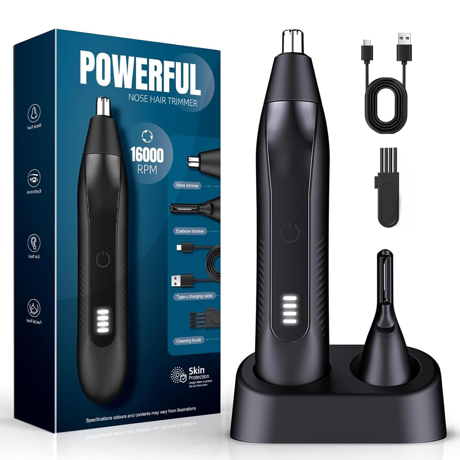 OMAMORI Nose Hair Trimmer for Men - 16000RPM Motor, LED Power Display, Portable Electric Ear & Eyebrow Grooming Kit, Nose Hair Cutter & Remover, Face & Body Clipper, Gift for Men, Black