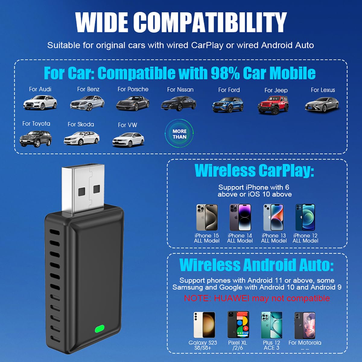 Adaptateur CarPlay sans Fil 2 en 1 Adaptateur de Diffusion sans Fil pour Voiture Contrôle Plug-and-Play Compatible avec Les appareils Android et Apple Convient aux modèles à partir de 2017