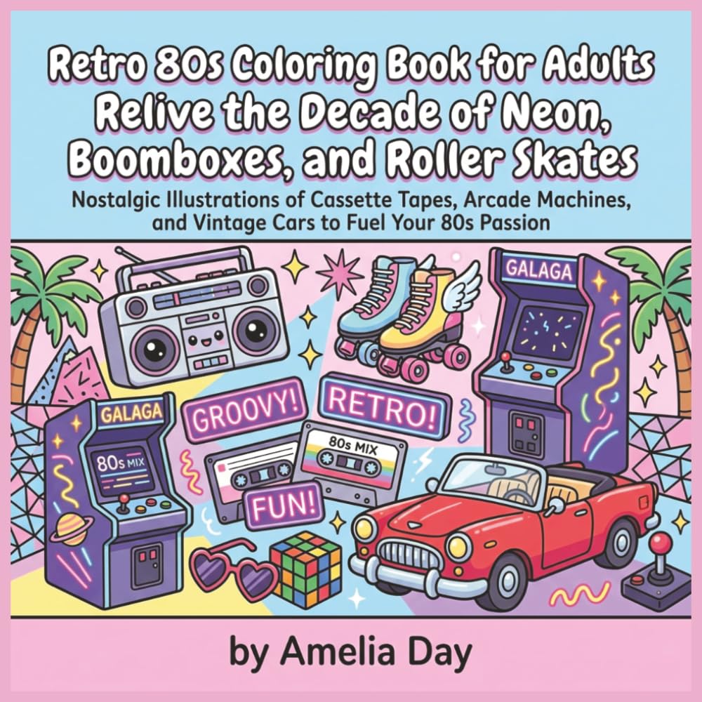 Retro 80s Coloring Book for Adults: Relive the Decade of Neon, Boomboxes, and Roller Skates: Nostalgic Illustrations of Cassette Tapes, Arcade Machines, and Vintage Cars to Fuel Your 80s Passion