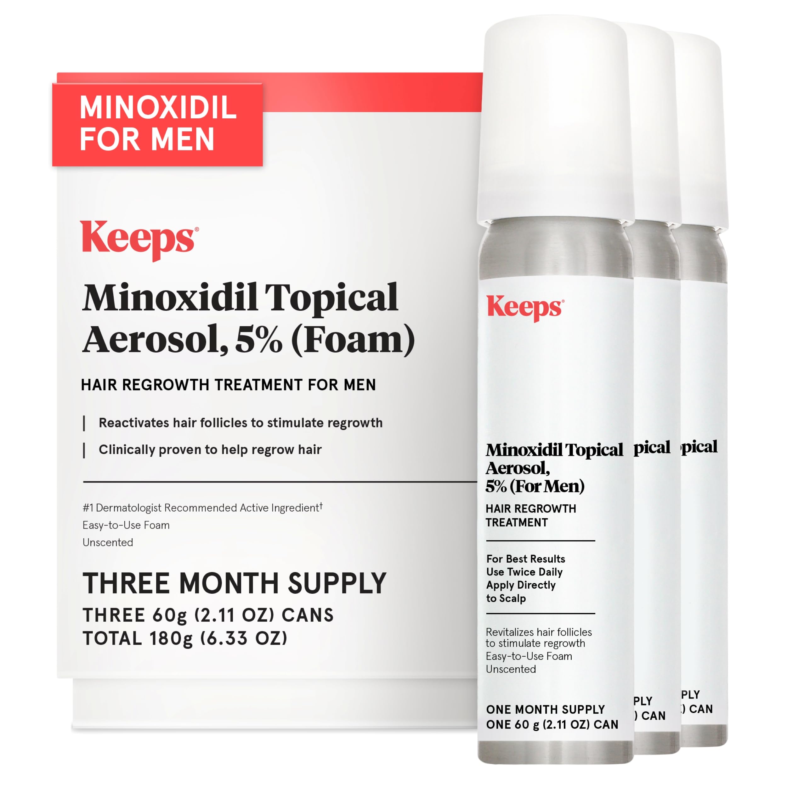 Keeps Extra Strength Minoxidil for Men - 5% Minoxidil Foam Hair Loss & Regrowth Treatment for Thinning & Bald Spots - Clinically Proven Hair Growth Products - Unscented Topical Aerosol Foam