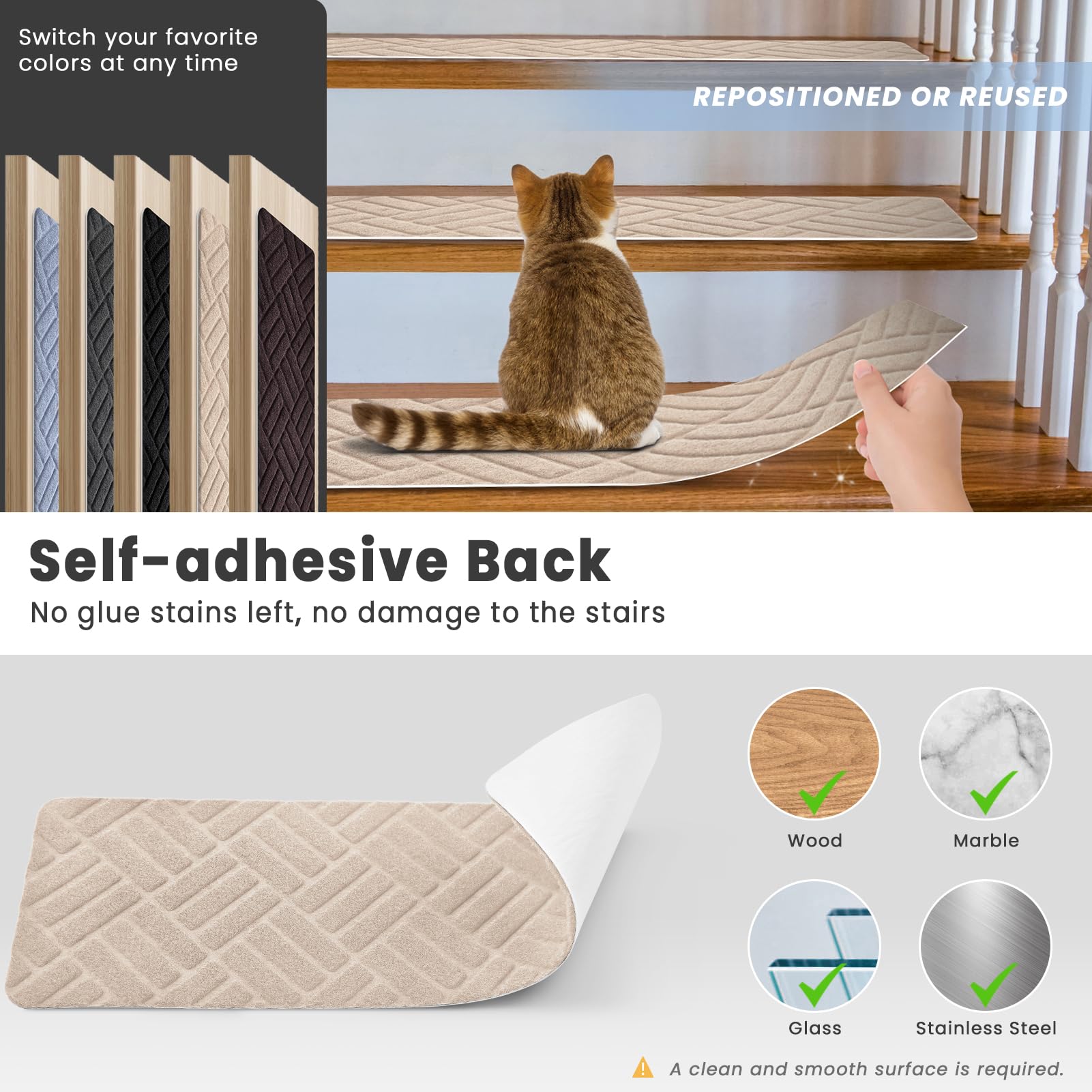 Alfombrillas para Escaleras Antideslizantes, 15 Alfombrillas Autoadhesivas Escalones Interiores, Reutilizables para Mascotas, Mayores, Niños (Estampado de Rombos, Beige, 76x20 cm)