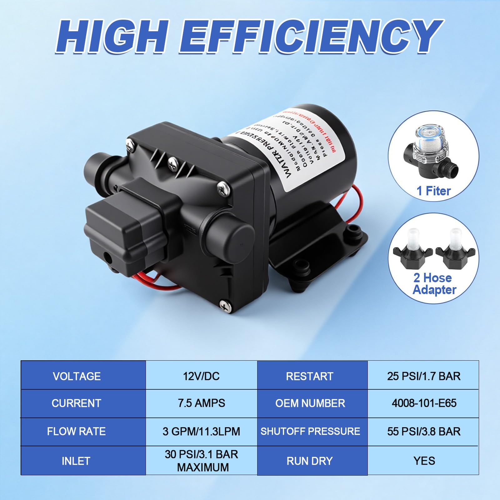 Selbstansaugende Wasserpumpe 12v für Wohnmobil, 4008-101-E65 Druckwasserpumpe 12v Wohnmobil, 4-Kammer-Membranpumpe mit einstellbarem Druckschalter (55 PSI/3,8 bar), PVC & Kupfer, 3 GPM/11.3 LPM