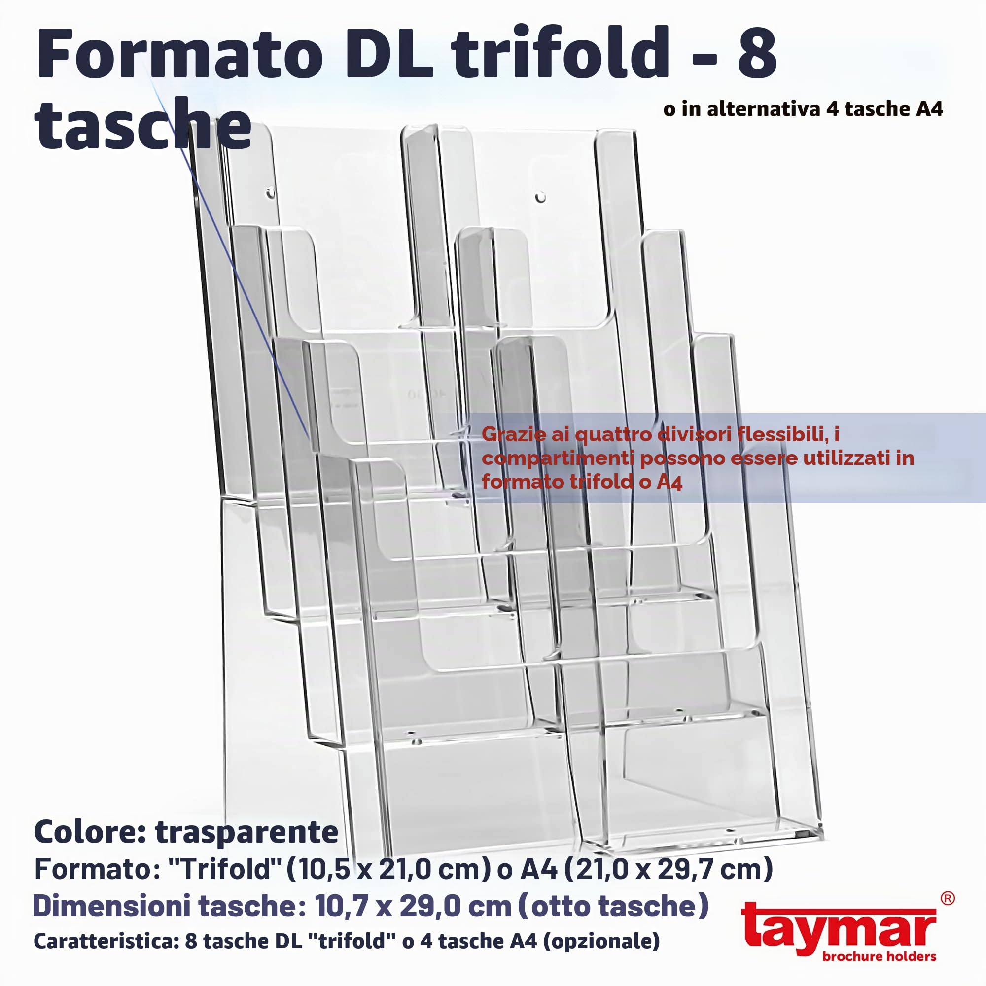Suggerimenti Taymar Portadepliant da tavolo in formato A4, DL, 4 livelli, trasparente, 8 scomparti