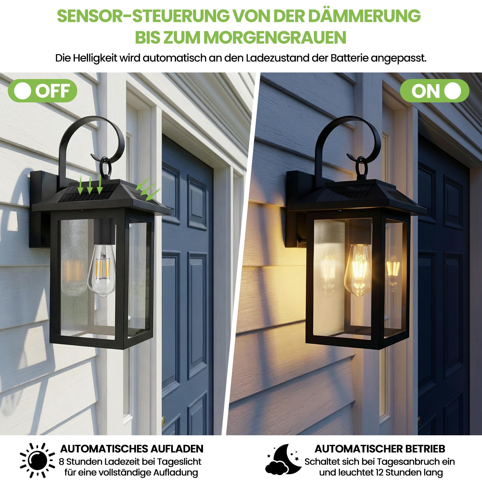 Solarlampen Solarleuchten für Außen, Solarlampen für Außen Garten | Solar Aussenleuchte Aussen Lampe Outdoor Wasserdichte Licht Solarlampe Garten Wandleuchte, Schwarz, E27 Glühbirnen Inklusive