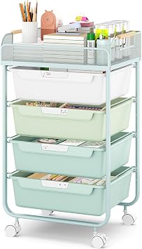 SYKIARIOL Rolling Utility Storage Cart with 4 Drawers - 4 Tiers Rolling Cart Craft Cart, Storage Drawer Cart Organizer for Craft Room Office Bedroom Classroom with Mesh Top & 4 PCS DIY Lable, Green